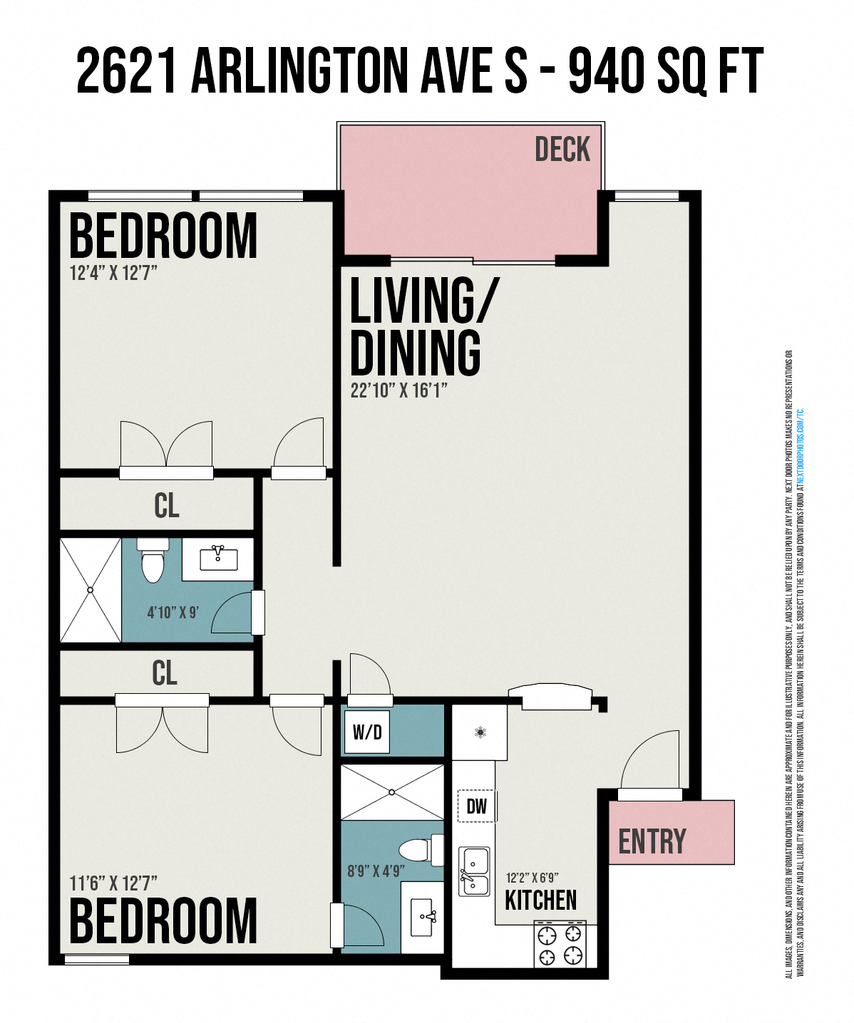 Floor plan for 2 beds, 2 baths, 950 sqft